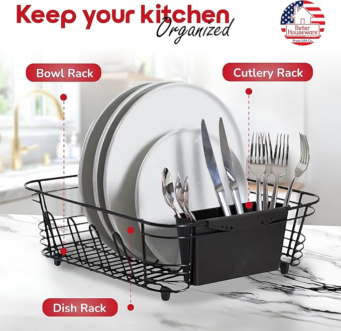 Better Houseware in Sink Dish Drying Rack, Dish Drying Rack in Sink with Non-Slip Handles, Stainless Steel Space-Saving Design, 2-Piece Set with Utensil Holder, 14.5 x 13 x 5 Inch, Black