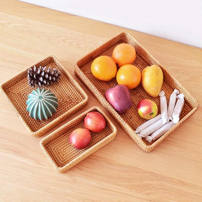 i-lan Set of 3 15" Rattan Woven Serving Tray Basket,Original Color Wicker Coffee Table Décor Serving Tray Country Style, Handmade Display Basket for Entryway Kitchen Bathroom Counter