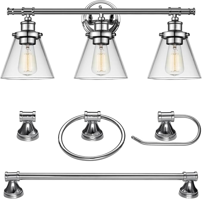 Globe Electric 51234 5-Piece All-in-One Bathroom Set, Chrome, 23" 3-Light Vanity Wall Light with Clear Glass Shades, Towel Bar and Ring, Robe Hook, Toilet Paper Holder, Beauty Room Accessories