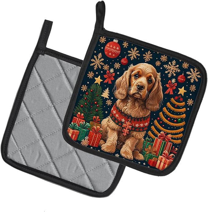 Caroline's Treasures Cocker Spaniel Christmas Pair of Pot Holders Kitchen Heat Resistant Pot Holders Sets Oven Hot Pads for Cooking Baking BBQ, 7 1/2 x 7 1/2