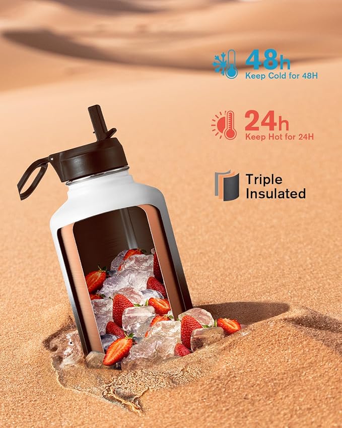 Coolflask Half Gallon Water Bottle Insulated with Straw & 3 Lids, 64 oz Water Jug Large Metal Stainless Steel Wide Mouth for Sports, Gym or Office, Non-BPA Keep Cold 48H Hot 24H, White & Black