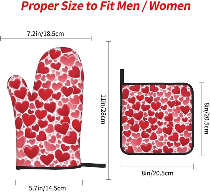 4 Pcs Red Heart Pattern Oven Mitts and Potholders,Kitchen Oven Glove with Pot Holders,Non-Slip Gloves High Heat Resistant 500 Degree for BBQ, Grill, Baking, Cooking, Oven, Microwave