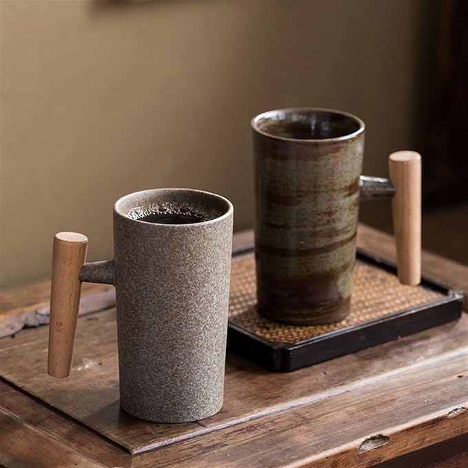 Latte Mug 180ML Vintage Rough Pottery Wooden Handle Coffee Cup High-Grade Exquisite Ceramic Cup Household Milk Cup Mug for Any Kitchen (Color : 1) (Brass)