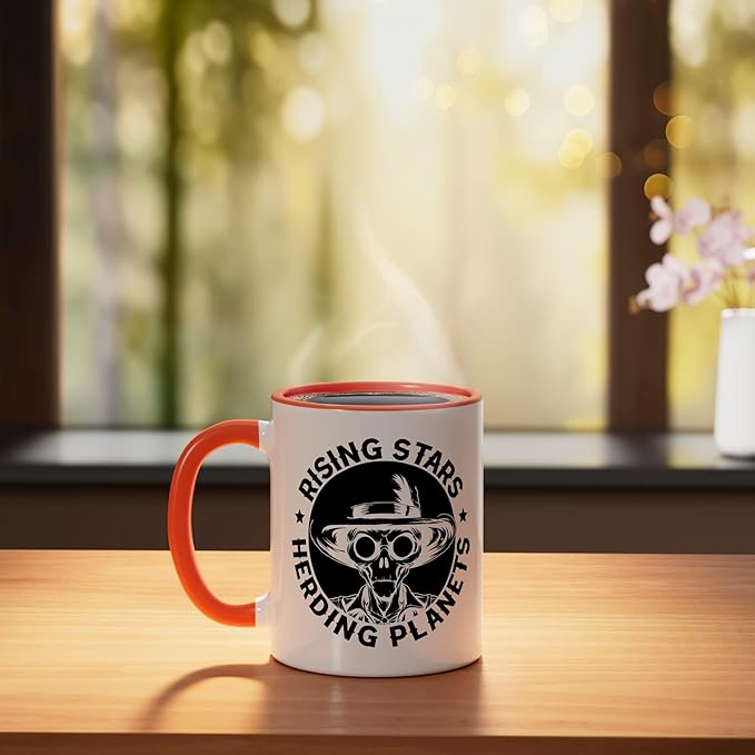 Alien Lover Flying Saucer UFO Extraterrestrial Cowboy Ceramic Mug, Orange/White