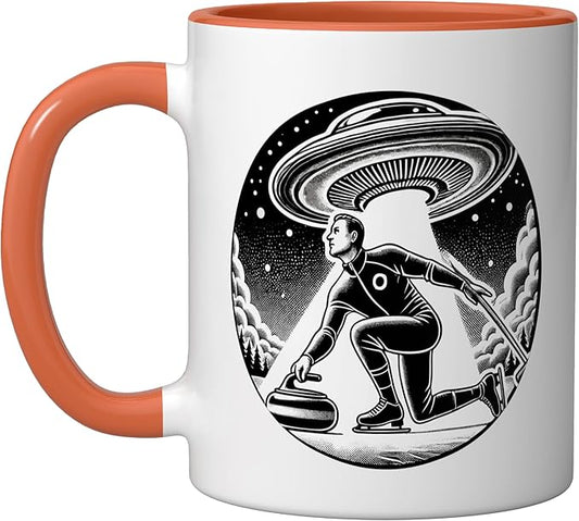 Curling Curl Curler Sport Men Guys Male Ice Outer Space Ceramic Mug, Orange/White