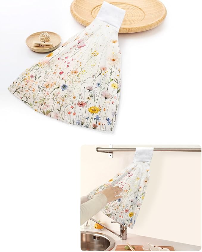 Alandar Home Kitchen Tie Towel Set of 2, Country Colorful Flower Leaves on Vintage Absorbent Soft Hand Towels for Bathroom Hanging Towels, Summer Floral Fast Drying Cleaning Cloth with Loop