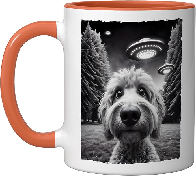 Funny Golden Doodle Selfie UFO Encounters for Dog Lovers Ceramic Mug, Orange/White
