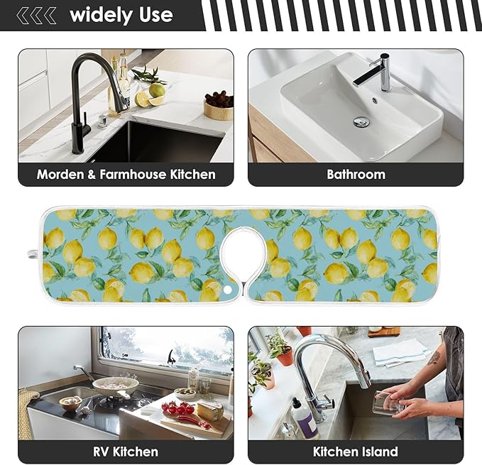 Kitchen Faucet Absorbent Mat,Lemon Fruit Summer Water Splash Guard for Sink, Faucet Drip Catcher Thicken Sponge Microfiber Faucet Water Catcher Mat Sink Absorbent Mat for Kitchen 14x5in 2 Pack