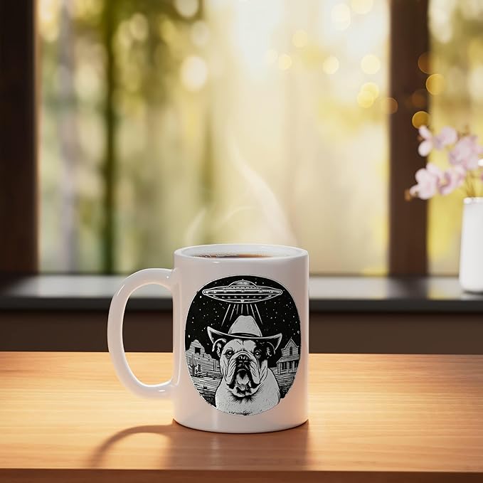 Retro UFO Cowboy Bulldog Western Sci Fi Alien Ceramic Mug, White