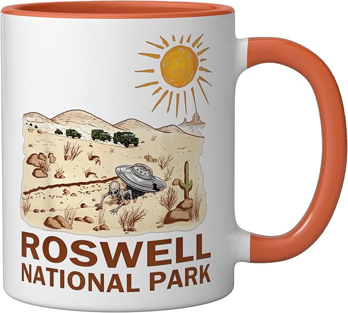 Roswell National Park UFO Flying Saucer Crash 1947 UAP Alien Ceramic Mug, Orange/White
