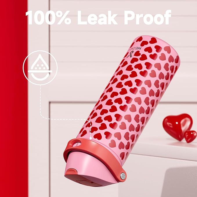 24 oz Valentine's Day Water Bottle: Meoky Stainless Steel Heart Water Bottle with 2-in-1 Straw and Spout Lid - Leak Proof, Fits in Car Cup Holder, Valentines Day for Her Women Wife Girls, Lovie