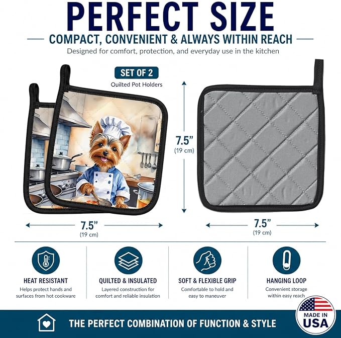 Caroline's Treasures Silky Terrier The Chef Pair of Pot Holders Kitchen Heat Resistant Pot Holders Sets Oven Hot Pads for Cooking Baking BBQ, 7 1/2 x 7 1/2