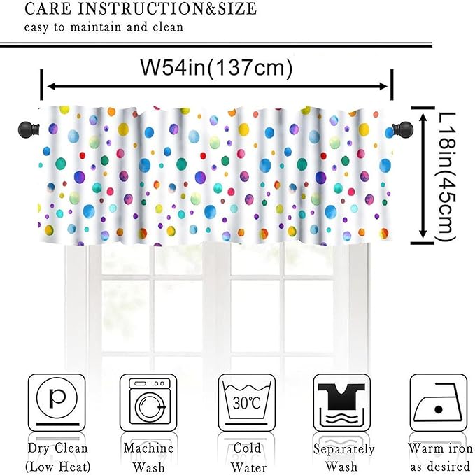 Colorful Polka Dot Valance, Kids Watercolor Circle Color Splash Painting Short Window Drapes for Kitchen Dining Room Bedroom Living Room Nursery, 54x18Inch