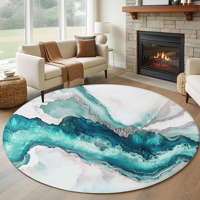 Washable Round Area Rug Abstract Blue Marble Texture Circle Rugs Floor Carpet for Living Room Bedroom, Modern Luxury Pattern Soft Non Slip Round Rug 5ft