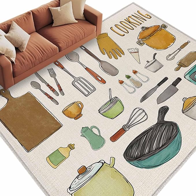 Cooking Kitchenware Kitchen Tool Pattern Rectangle Rugs 5x7ft for Living Room Washable Circle Rug Non-Slip Carpet Soft Mat for Bedroom Dining Room Bathroom Home Holiday Decorations Indoor