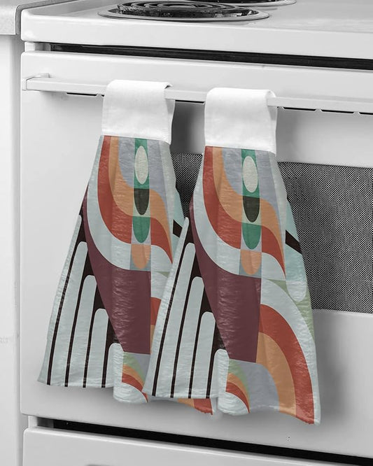 Alandar Home Kitchen Tie Towel Set of 2, Middle Century Geometric Art Absorbent Soft Hand Towels for Bathroom Hanging Towels, Abstract Minimalist Arch Fast Drying Cleaning Cloth with Loop