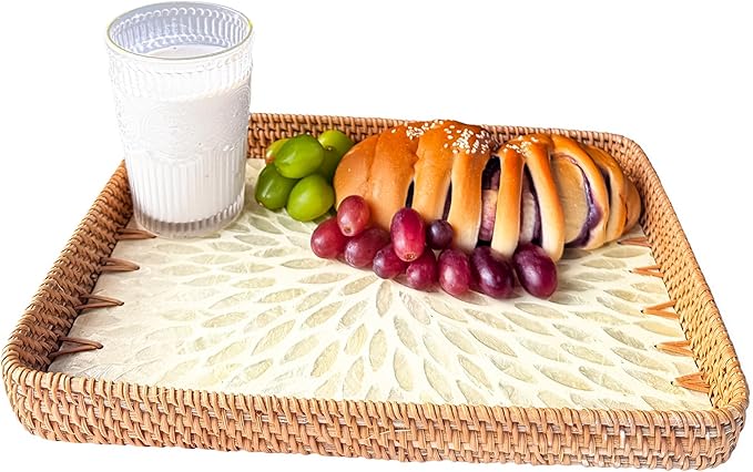 Rattan Tray Rectangle with Mother of Pearl – Unique Decorative Rattan Serving Tray for Food, Bread, Fruits, Snacks & Organizing Bathroom, Coffee Table – Christmas & Housewarming Gift (White 13.3"x9.4)