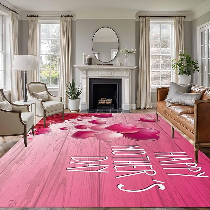 Area Rug 8x10ft, Mother's Day Love Balloon Rose Washable Rugs for Living Room Bedroom, Gradient Pink Wood Grain Soft Non-Slip Area Rugs Rectangle Floor Carpet for Dining Room