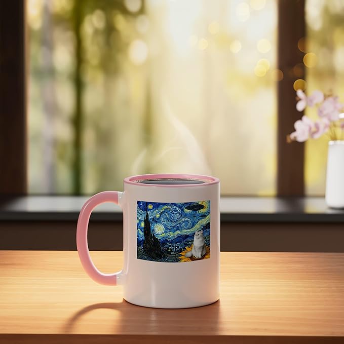 Cosmic Cat on Sunflower Space UFO Night for Men Women Ceramic Mug, Pink/White
