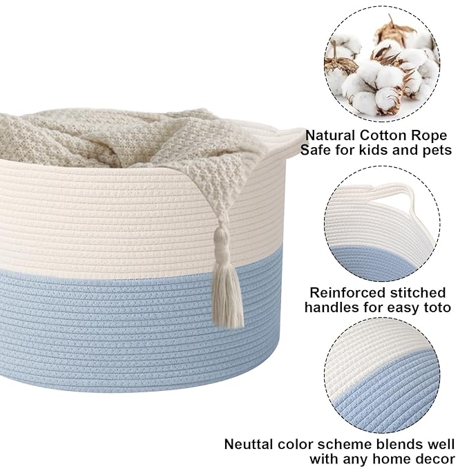 115L Extra Large Woven Cotton Rope Blanket Basket with Handles, Laundry Hamper Storage Bin for Pillows, Comforters,Clothes, Toys, Nursery, Bedroom and Living Room Organization,White&Blue