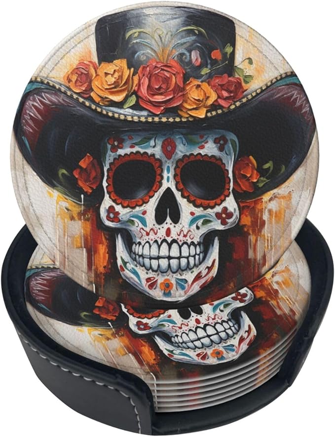 Famame 6 Pcs Oil Painting Mexican Skull Leather Coasters for Drinks with Holder Coaster Sets Drink Table Cup Coasters for Living Room Kitchen Coffee Decor