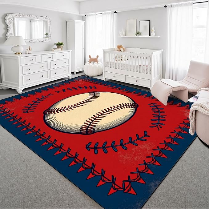 10x14 Area Rugs for Bedroom Boho Washable Man Cave Rug for Living Room Vintage Baseball Stitched Laces Red Sports Soft Rubber Backed Non-Slip Large Carpets for Boys