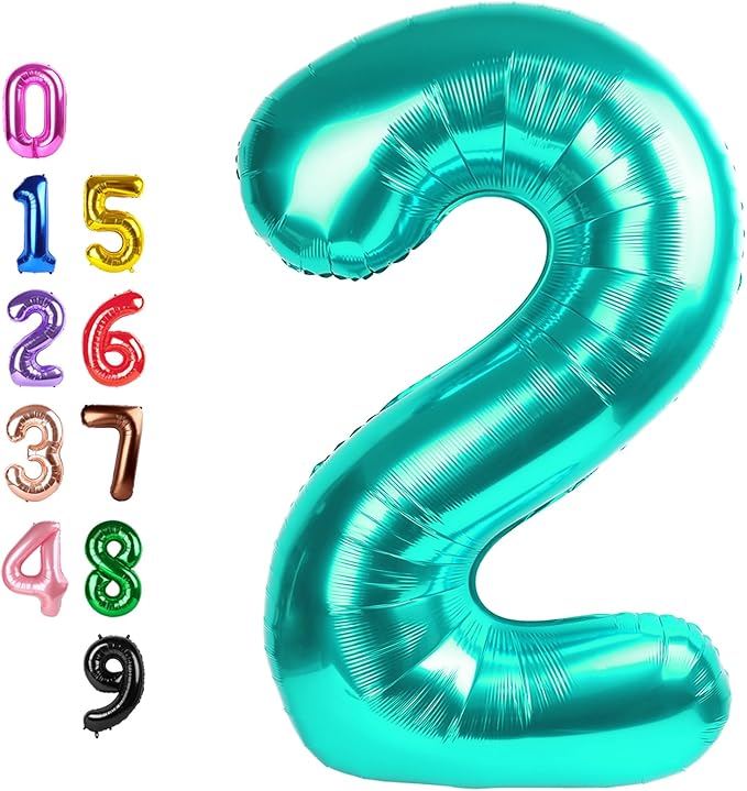 Blue Green Birthday Balloons Numbers, Balloons 2 Number for Babies Puppies, Balloon Number for 2, 12, 22, 2025 Graduation Party Wedding Baby Shower