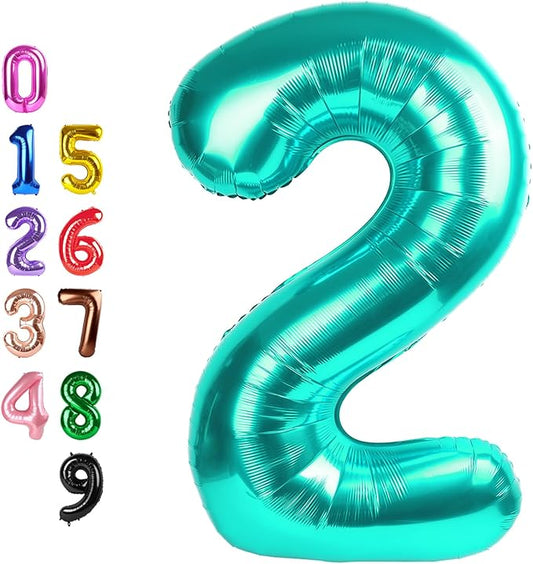 Blue Green Birthday Balloons Numbers, Balloons 2 Number for Babies Puppies, Balloon Number for 2, 12, 22, 2025 Graduation Party Wedding Baby Shower