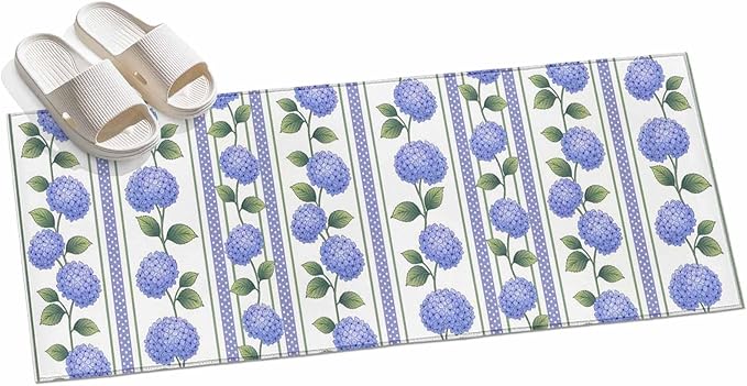 Runner Rug for Bedroom Hallway, Garden Purple Hydrangea Flower Kitchen Runner Rugs Area Rug 2x6ft, Watercolor Floral Leaves Washable Soft Floor Carpet for Entryway Stair