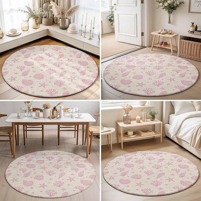 Washable Round Area Rug Ocean Pink Shell Coral Conch Circle Rugs Floor Carpet for Living Room Bedroom, Marine Starfish on Farm Burlap Soft Non Slip Round Rug 3ft