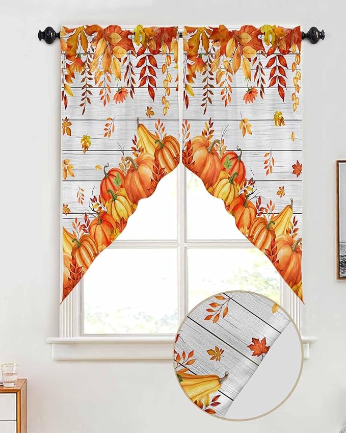 Prime Leader Orange Pumpkins Fallen Leaves Fall Swag Valance Curtains Autumn Thanksgiving Vintage Wood Grain Rod Pocket Kitchen Curtains, Scalloped Window Treatment Valances, 1 Pair, 28" W x 36" L
