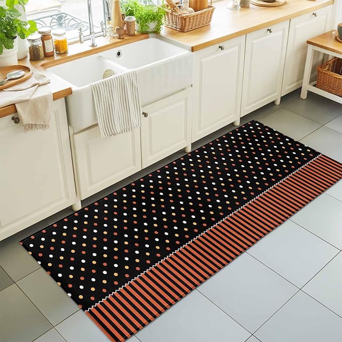 Runner Rug for Bedroom Hallway, Halloween Polka Dots Orange Stripes Kitchen Runner Rugs Area Rug 2x6ft, Seamless Dot on Black Washable Soft Floor Carpet for Entryway Stair