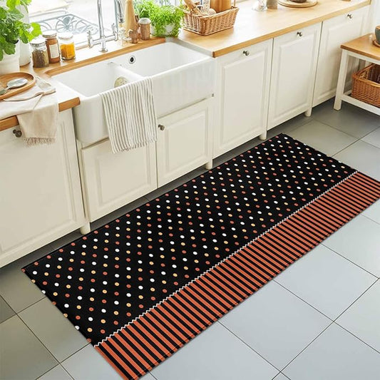 Runner Rug for Bedroom Hallway, Halloween Polka Dots Orange Stripes Kitchen Runner Rugs Area Rug 2x6ft, Seamless Dot on Black Washable Soft Floor Carpet for Entryway Stair