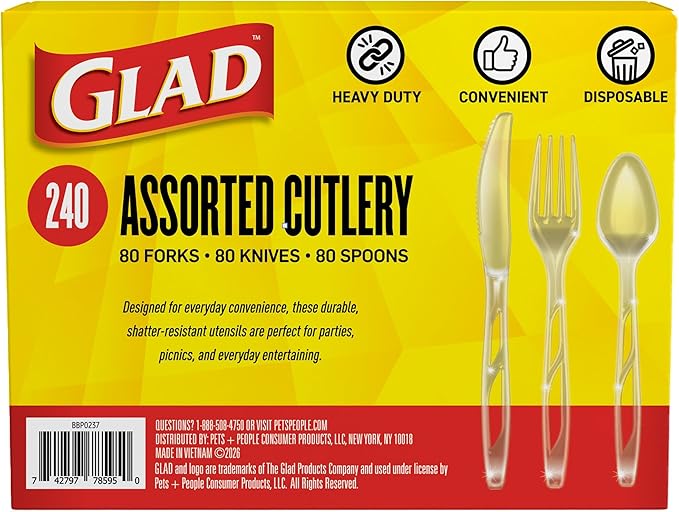 Glad Clear Disposable Cutlery Set with Heavy Duty Plastic Forks, Knives, and Spoons, Reusable Dishwasher Safe Plastic Utensils for Parties and Everyday Use, 240 Count