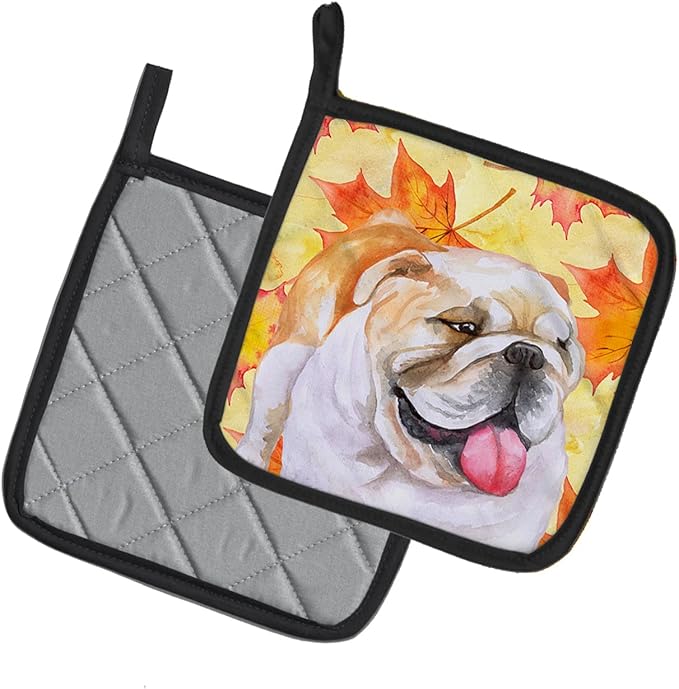 Caroline's Treasures BB9900PTHD English Bulldog Fall Pair of Pot Holders, Yellow Kitchen Heat Resistant Pot Holders Sets Oven Hot Pads for Cooking Baking BBQ, 7 1/2 x 7 1/2