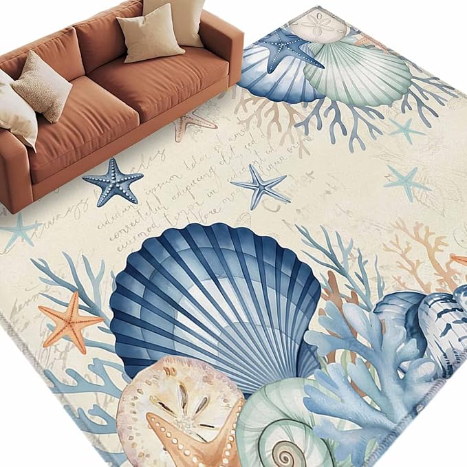 Area Rug 6x9ft, Summer Blue Shells Starfish Washable Rugs for Living Room Bedroom, Vintage Coral Shells Fish Soft Non-Slip Area Rugs Rectangle Floor Carpet for Dining Room