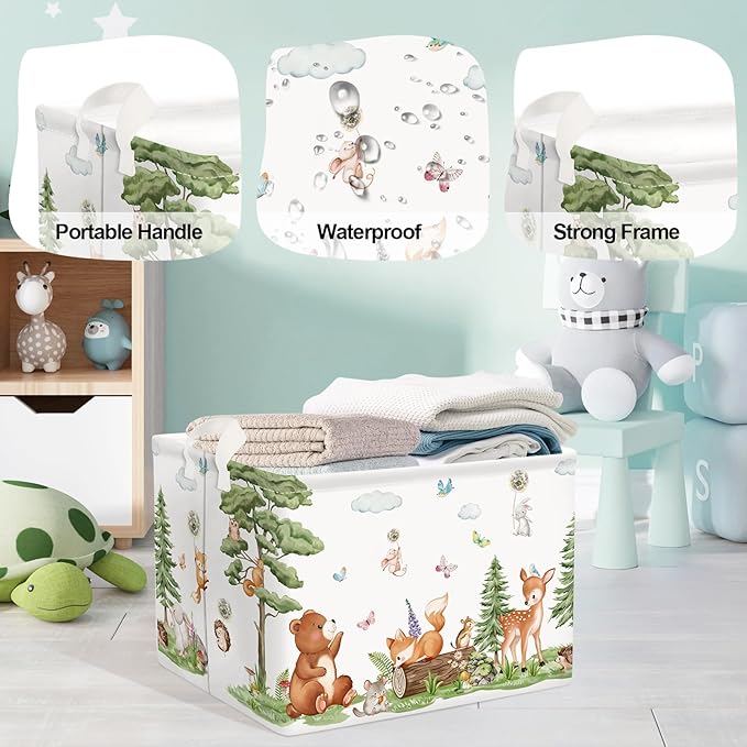 Forest Animals Baby Laundry Hamper Collapsible Clothes Kids Storage Basket Bear Fox Large Boys Girls Gift Toy Box Bin for Nursery, Squirrels, 36L