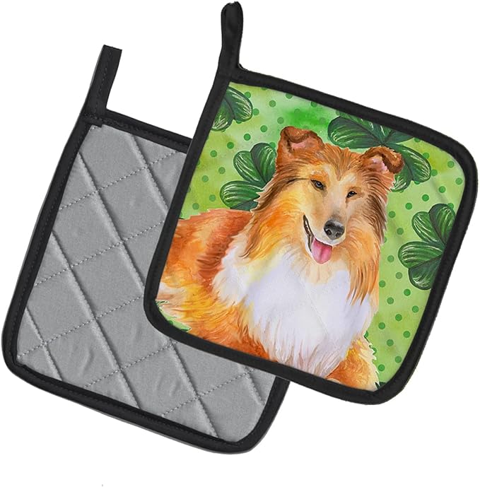 Caroline's Treasures BB9894PTHD Sheltie St Patrick's Pair of Pot Holders, Green Kitchen Heat Resistant Pot Holders Sets Oven Hot Pads for Cooking Baking BBQ, 7 1/2 x 7 1/2