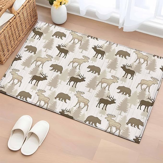 Area Rug 2x3ft, Animal Moose Bears Washable Rugs for Living Room Bedroom, Retro Rustic Pine Trees Soft Non-Slip Area Rugs Rectangle Floor Carpet for Dining Room