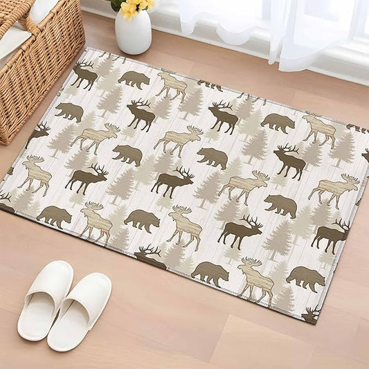 Area Rug 2x3ft, Animal Moose Bears Washable Rugs for Living Room Bedroom, Retro Rustic Pine Trees Soft Non-Slip Area Rugs Rectangle Floor Carpet for Dining Room