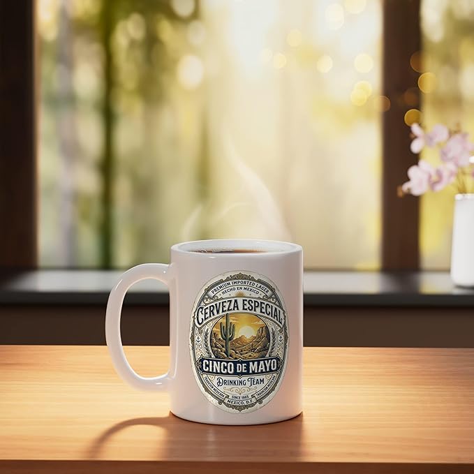 Cinco De Mayo Drinking Team Cerveza Beer Label Ceramic Mug, White