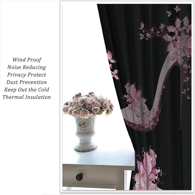 Heels Shoes Window Curtain,Retro Lady Women Pink Floral Butterfly Print Home Deocr Curtains for Kitchen Cafe Bedroom Dining Room Office Living Room Drapes, 84x84 in