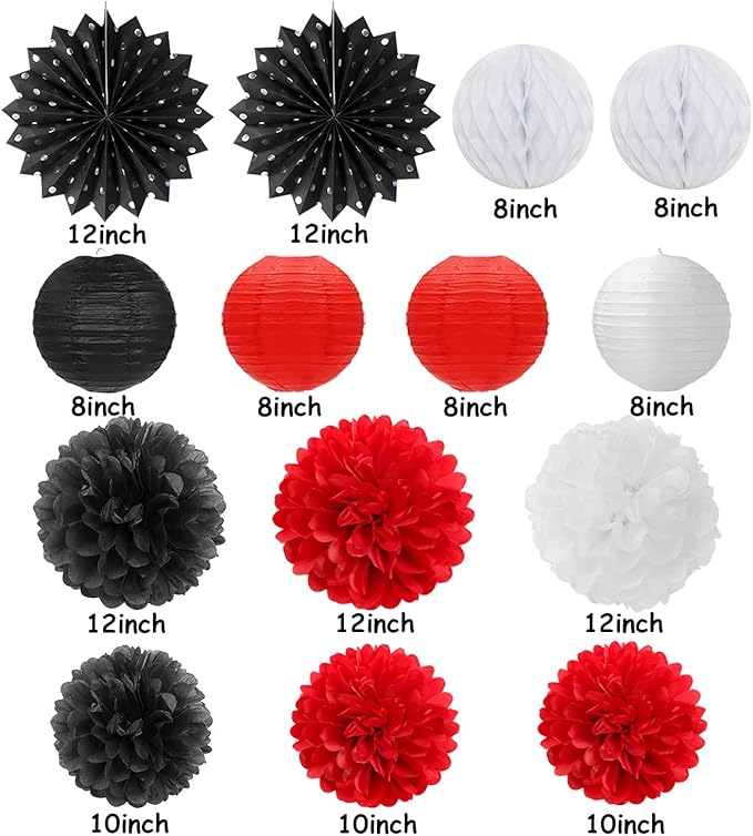 Black White-Red Party-Decorations Streamers Lanterns - 14pcs Birthday Graduation 2026 Paper Honeycomb Fan,Tissue Pom Poms,Men Women Wedding Baby Shower Backdrop Supplies Decor Ouruola