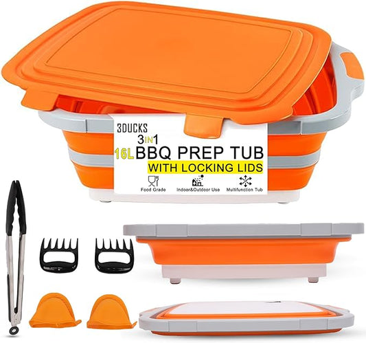Collapsible BBQ Prep Tub16L Orange | Portable Meat Marinating Container with Locking Cutting Board Lid, BBQ Tongs, 2 Meat Shredding Claws & 2 Heat-Resistant Grill Gloves for Camping & Grilling