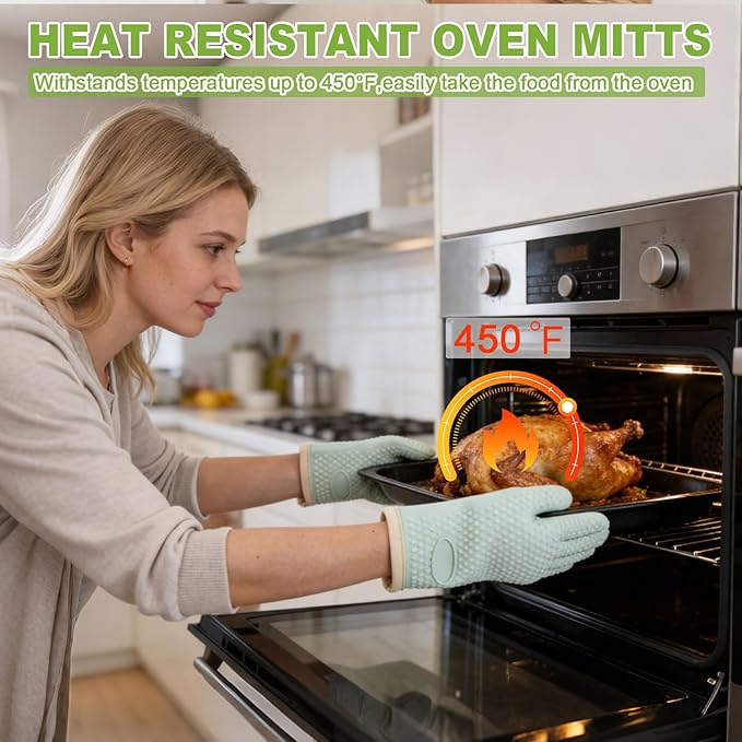 Silicone Oven Mitts Heat Resistant,Waterproof & Non-Slip Oven Gloves with Fingers,Cotton Lined Silicone Oven Gloves Kitchen Mitts for Cooking Baking Grilling and BBQ(Green)