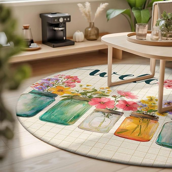 Washable Round Area Rug Summer Pastoral Flower Buffalo Plaid Circle Rugs Floor Carpet for Living Room Bedroom, Rustic Blossom Floral Soft Non Slip Round Rug 3ft