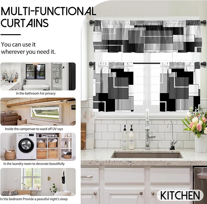 MCALK Dark Grey Blackout Kitchen Curtains Tiers and Valances for Windows, Geometric Modern Art Kitchen Window Curtains, Grey and Black Valances for Living Room (36" Tiers Set)
