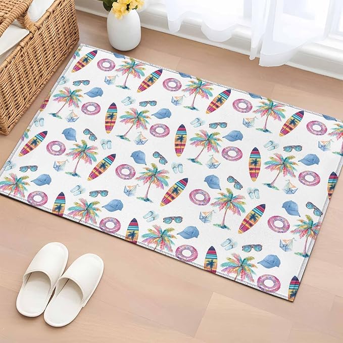 Area Rug 2x3ft, Summer Surfboard Coconut Tree Washable Rugs for Living Room Bedroom, Tropical Seamless Pattern Soft Non-Slip Area Rugs Rectangle Floor Carpet for Dining Room