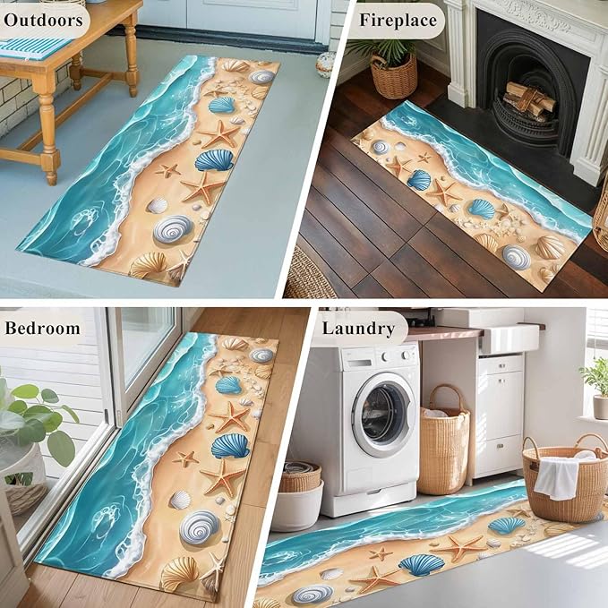 Runner Rug for Bedroom Hallway, Summer Beach Shell Starfish Kitchen Runner Rugs Area Rug 2x6ft, Marine Life Cartoon Style Washable Soft Floor Carpet for Entryway Stair