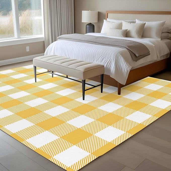 Area Rug 6x9ft, Rustic Country Yellow and White Buffalo Lattice Checked Washable Rugs for Living Room Bedroom, Farm Style Soft Non-Slip Area Rugs Rectangle Floor Carpet for Dining Room